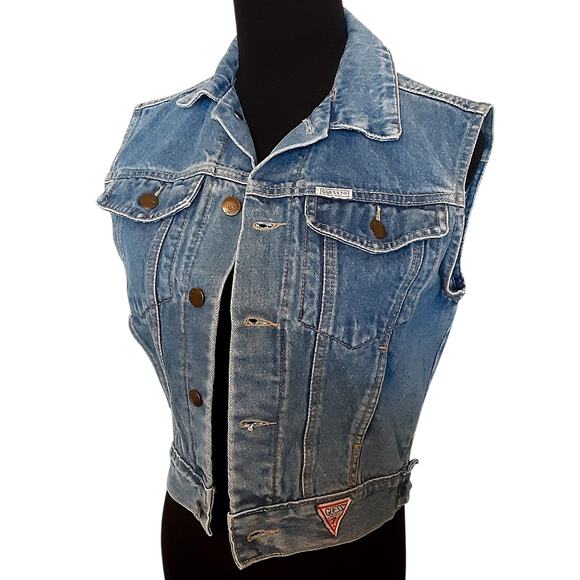 Vintage 80s Guess Gilet Denim Vest Mini Pocket Western Waistcoat Retro Blue Jean - Picture 2 of 13